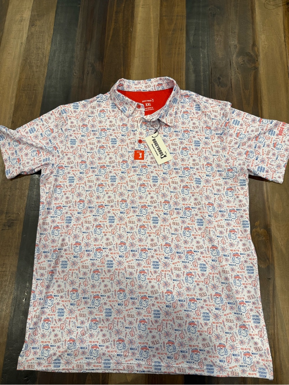 Bogey Bros USA Men's Short Sleeve Printed Polo in White with Red & Blue Motif